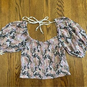 Free People Smocked Puff Sleeves Top Purple Navy White Floral Size Medium